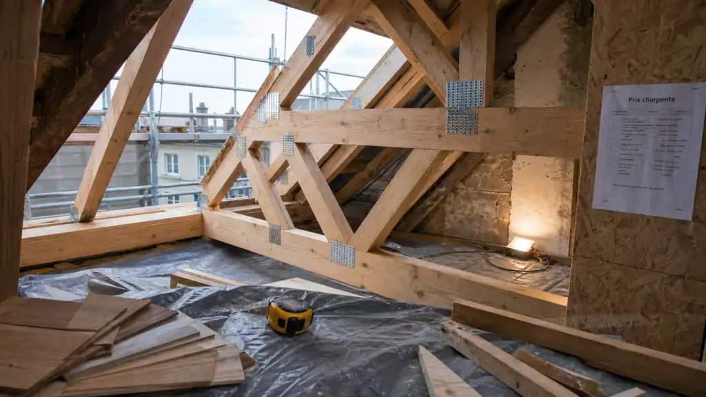 Prix charpente au m² : charpente bois brut en chantier