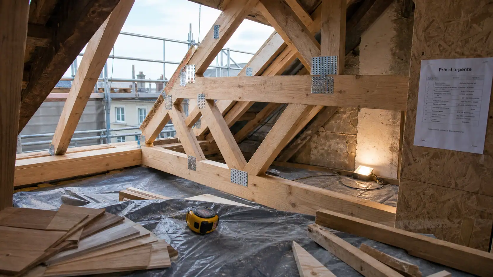 Prix charpente au m² : charpente bois brut en chantier