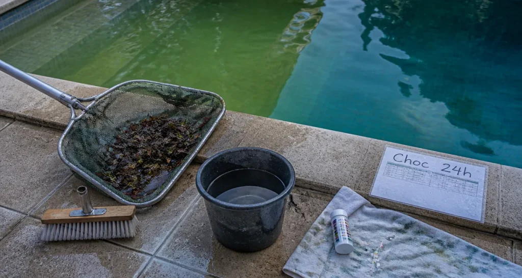 Produit miracle eau verte piscine : test pH et choc 24h au bord d’une piscine verte