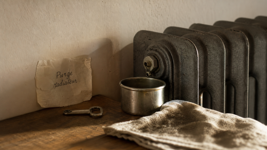 Purger radiateur fonte : purgeur et clé sur un radiateur en fonte