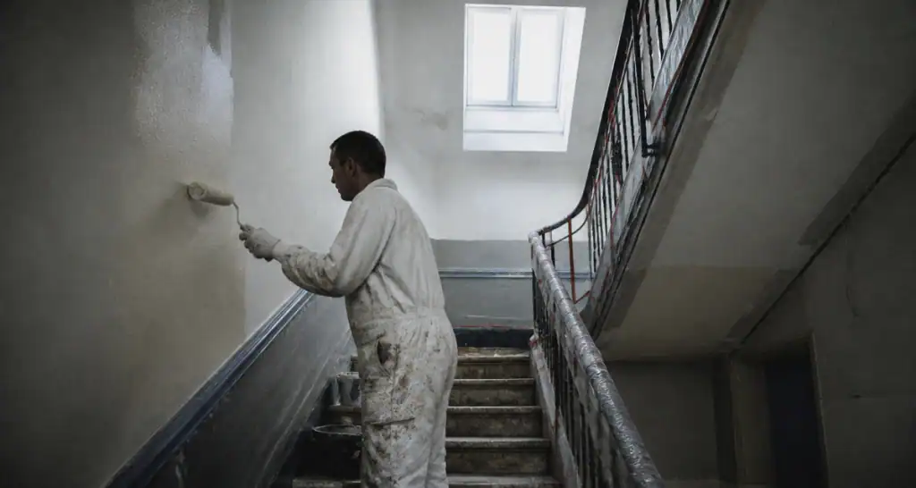 Ouvrier rénovant cage d'escalier immeuble avec peinture et garde-corps