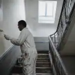 Ouvrier rénovant cage d'escalier immeuble avec peinture et garde-corps