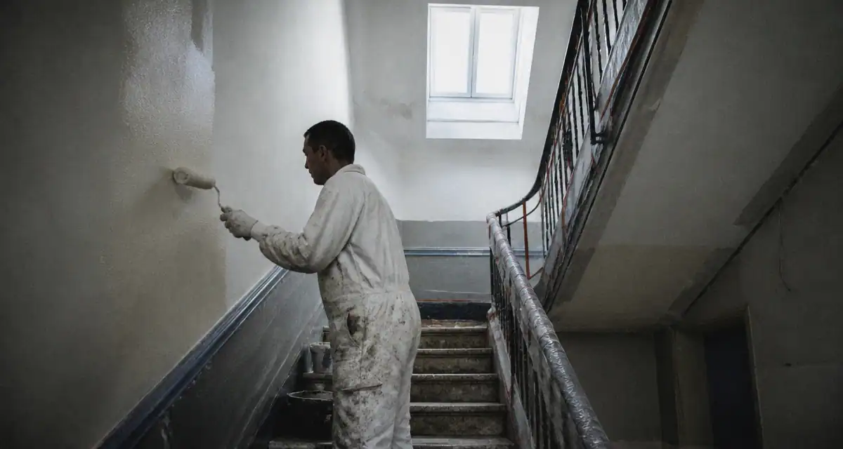 Ouvrier rénovant cage d'escalier immeuble avec peinture et garde-corps