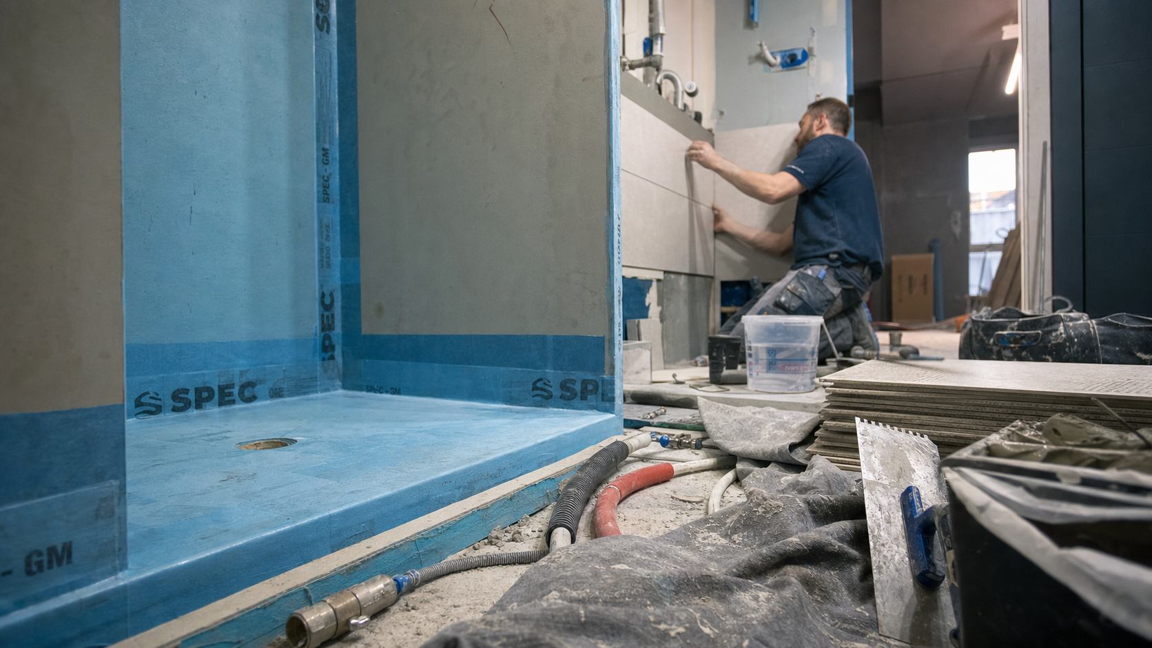 Renover une salle de bain : membrane d’étanchéité douche à l’italienne et pose carrelage