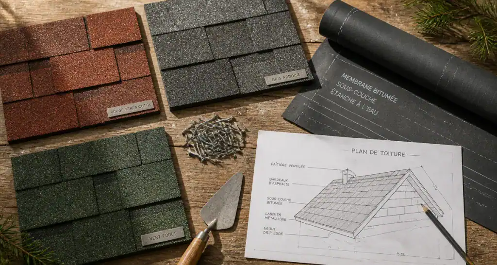 Échantillons shingle toiture et outils sur établi
