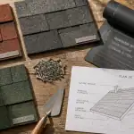 Échantillons shingle toiture et outils sur établi