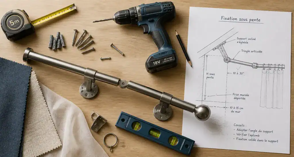 Tringle rideau sous pente avec outils et schéma technique