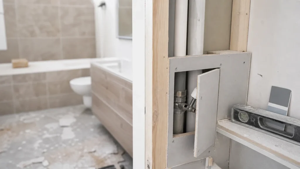Cacher des tuyaux dans une salle de bain : trappe d’accès ouverte