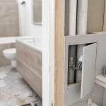 Cacher des tuyaux dans une salle de bain : trappe d’accès ouverte