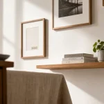 Décorer un mur blanc : cadres et étagère flottante dans un salon lumineux