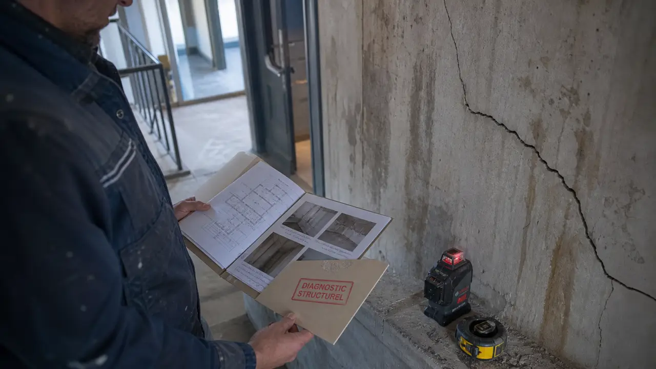 Diagnostic structurel : expert analyse fissure mur béton avec dossier et plans
