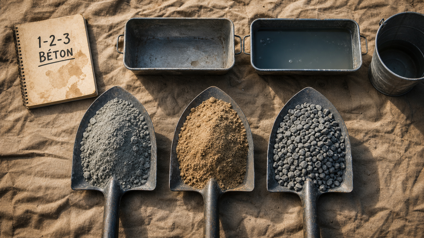 Dosage pelle pour beton : ciment 1, sable 2, gravier 3 (photo pelles)