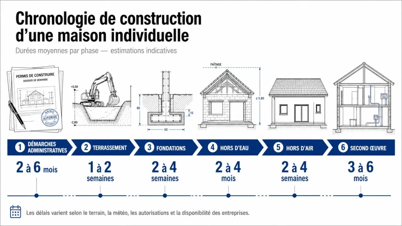 Infographie des étapes et délais de construction d'une maison individuelle