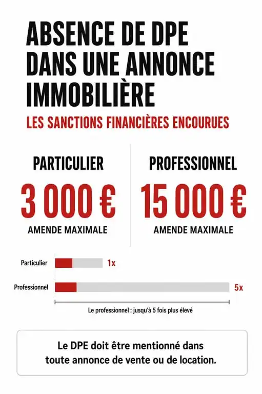 Infographie des sanctions financières pour annonce sans DPE interdit : 3000 euros pour un particulier et 15000 euros pour un professionnel.