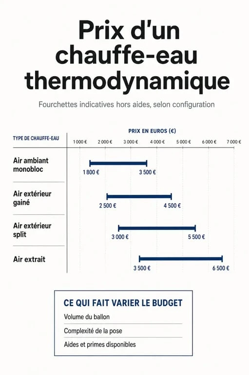 Chauffe eau thermodynamique prix : fourchettes de prix selon le type et les principaux facteurs de coût