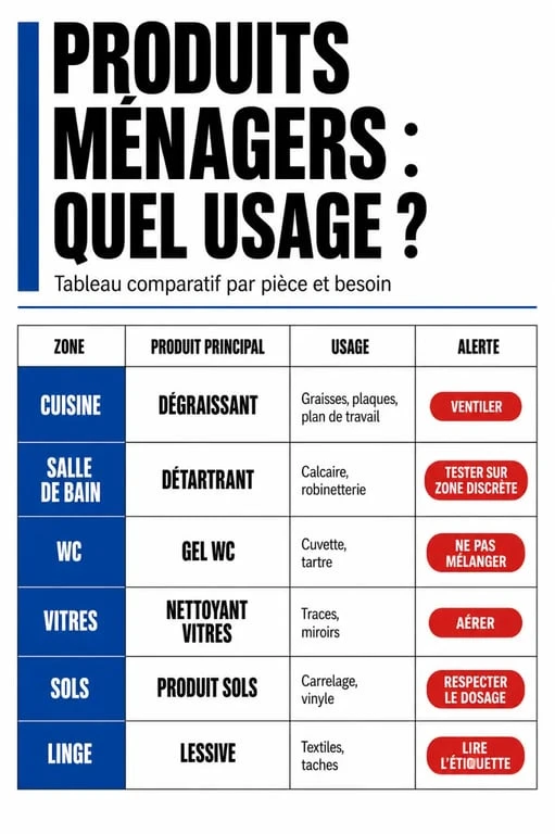 Produit menage : tableau comparatif des usages par pièce pour cuisine, salle de bain, WC, vitres, sols et linge