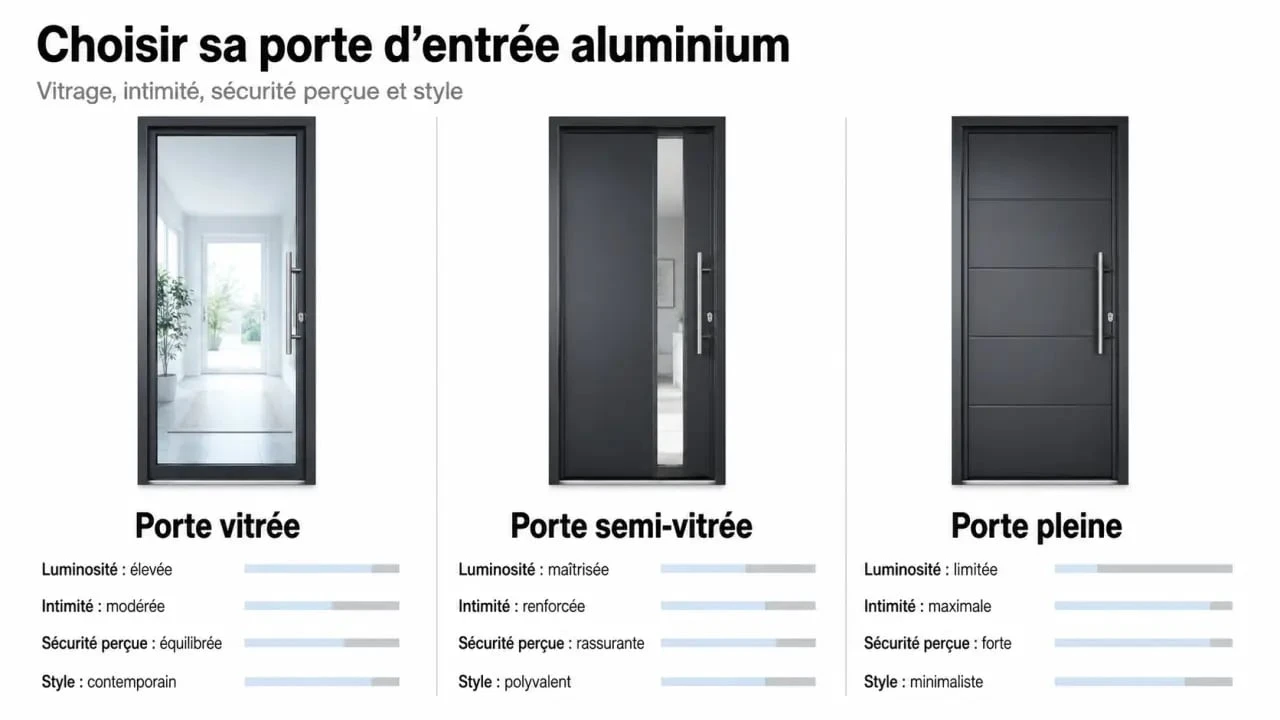 Comparatif visuel d’une porte d'entrée alu vitrée, semi-vitrée et pleine pour éclairer le choix