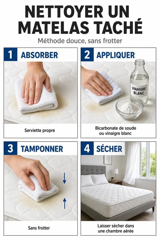 Nettoyage d un matelas taché en quatre étapes avec bicarbonate de soude, vinaigre blanc et séchage