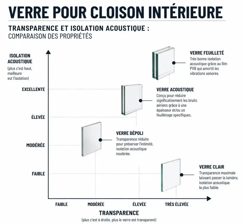 Infographie comparative des types de verre pour cloison intérieure : transparence, intimité et isolation acoustique