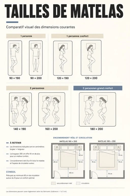 Comparatif des tailles de matelas taille standards 90x190 à 180x200