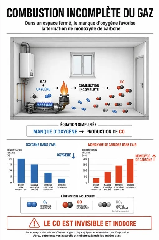 Infographie expliquant les risques du chauffage gaz bouteille intérieur et la formation du monoxyde de carbone