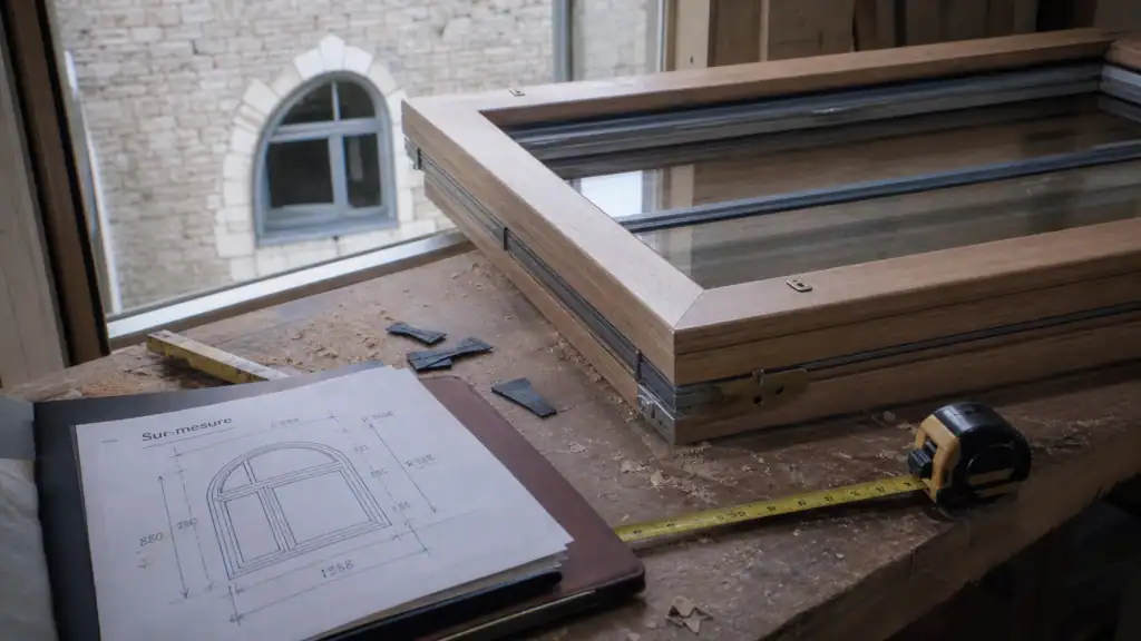 Fenetre double vitrage sur mesure en atelier, pose sur établi