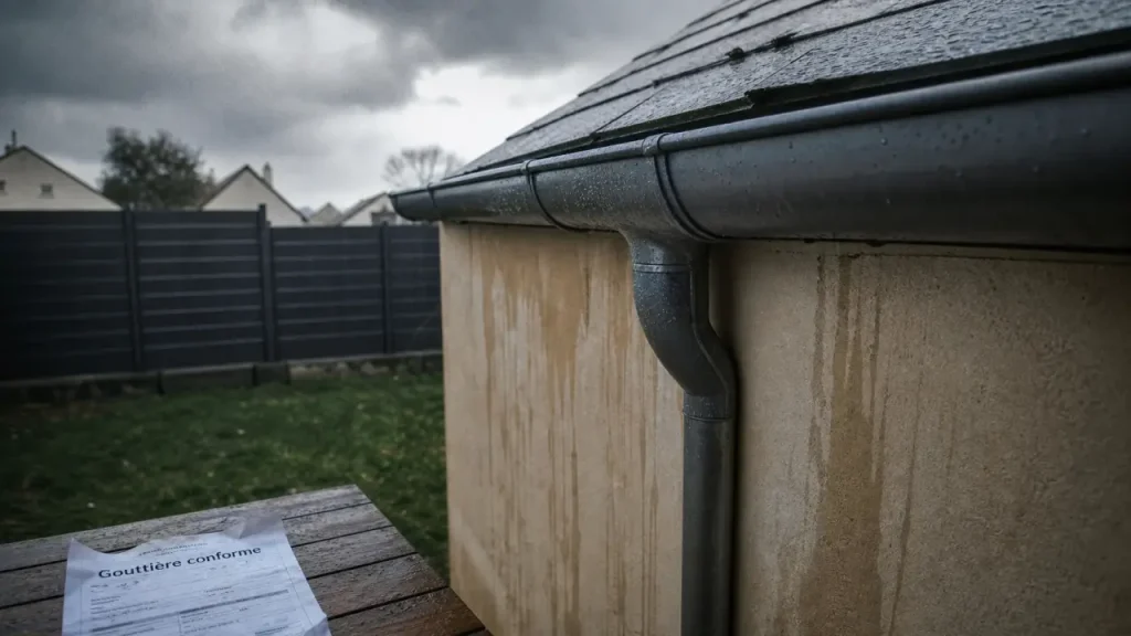 Gouttière sur mur en limite de propriété, eaux pluviales sans débord, conforme