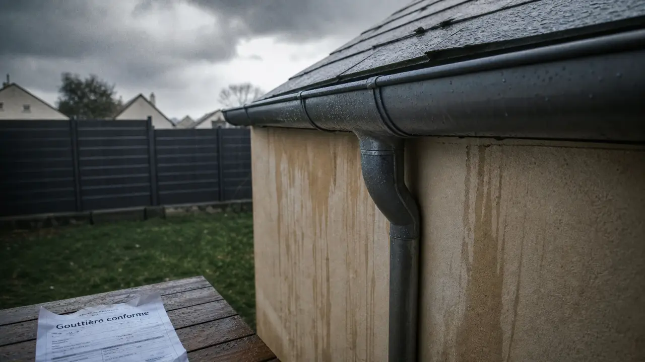 Gouttière sur mur en limite de propriété, eaux pluviales sans débord, conforme