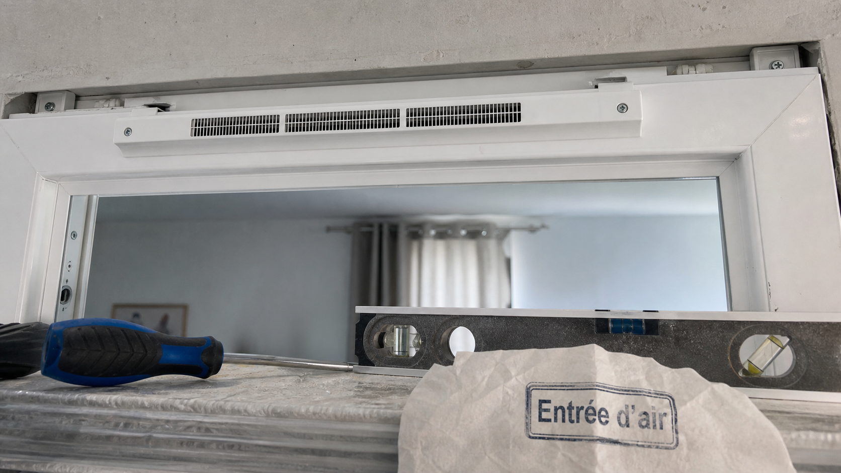 Grille aeration fenetre pvc sur traverse haute de fenêtre
