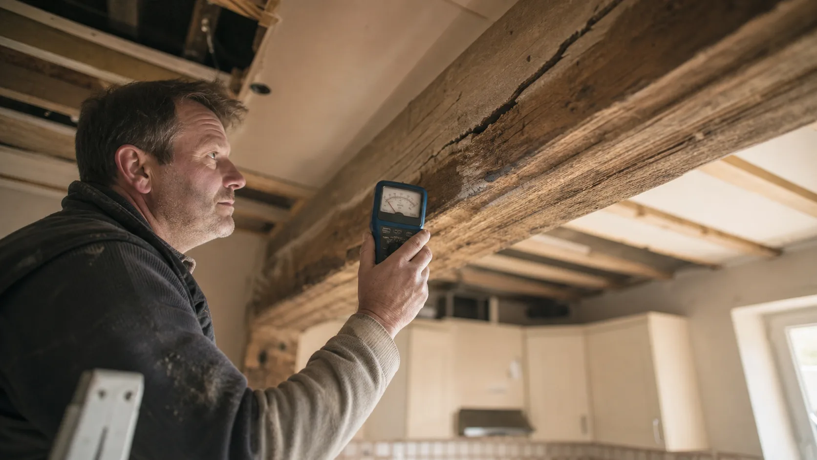 Habiller un plafond entre les poutres : artisan contrôle du bois avant placo