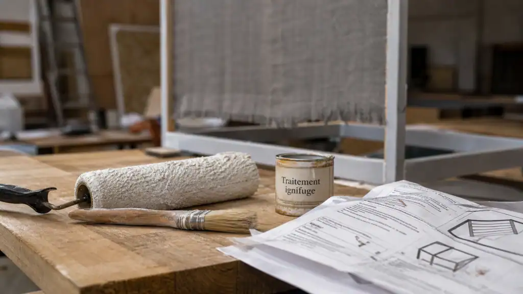 Materiaux ignifuge : rouleau et pinceau avec pot de traitement ignifuge en atelier