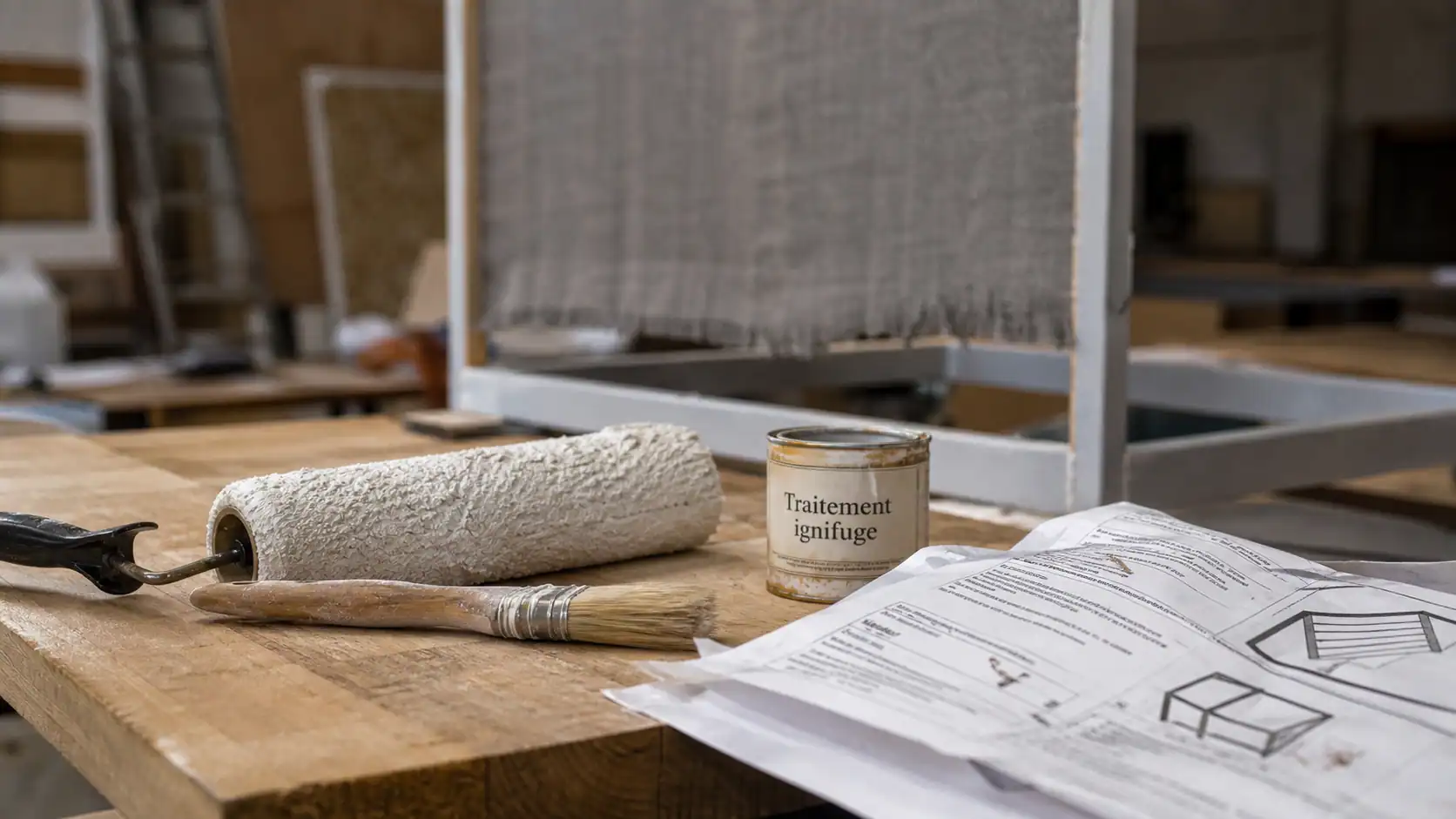 Materiaux ignifuge : rouleau et pinceau avec pot de traitement ignifuge en atelier