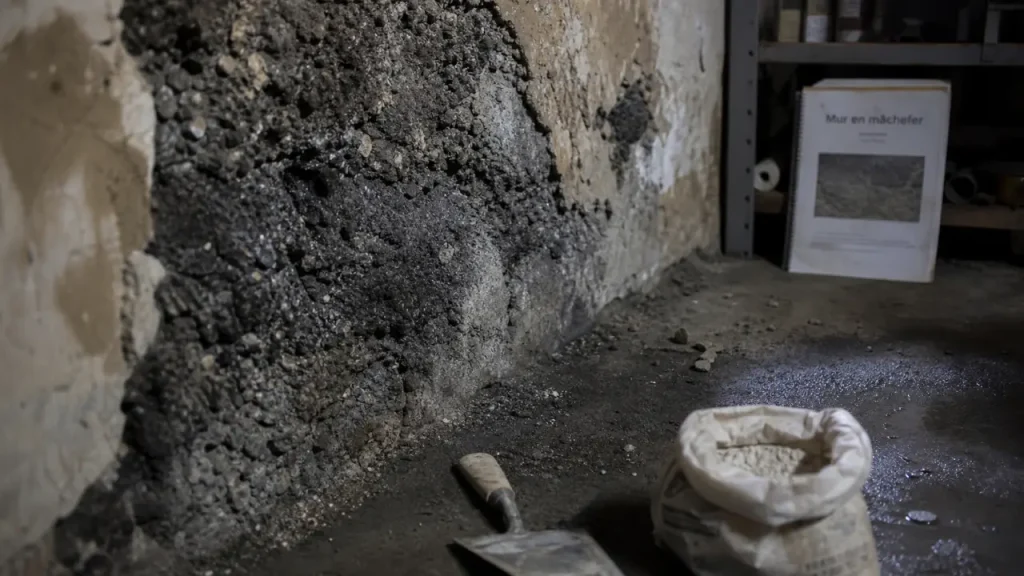 Mur machefer avec enduit ciment décollé et humidité intérieure