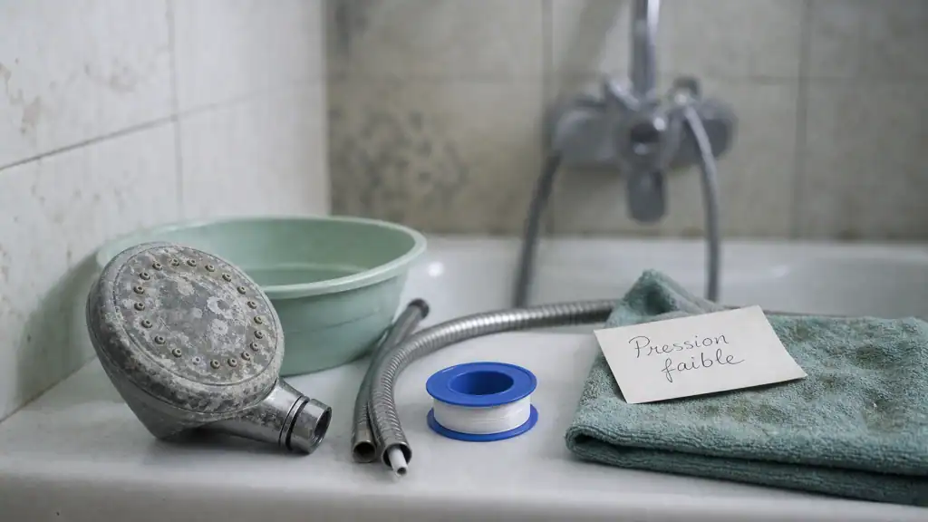 Pas de pression douche : pommeau de douche encrassé de calcaire