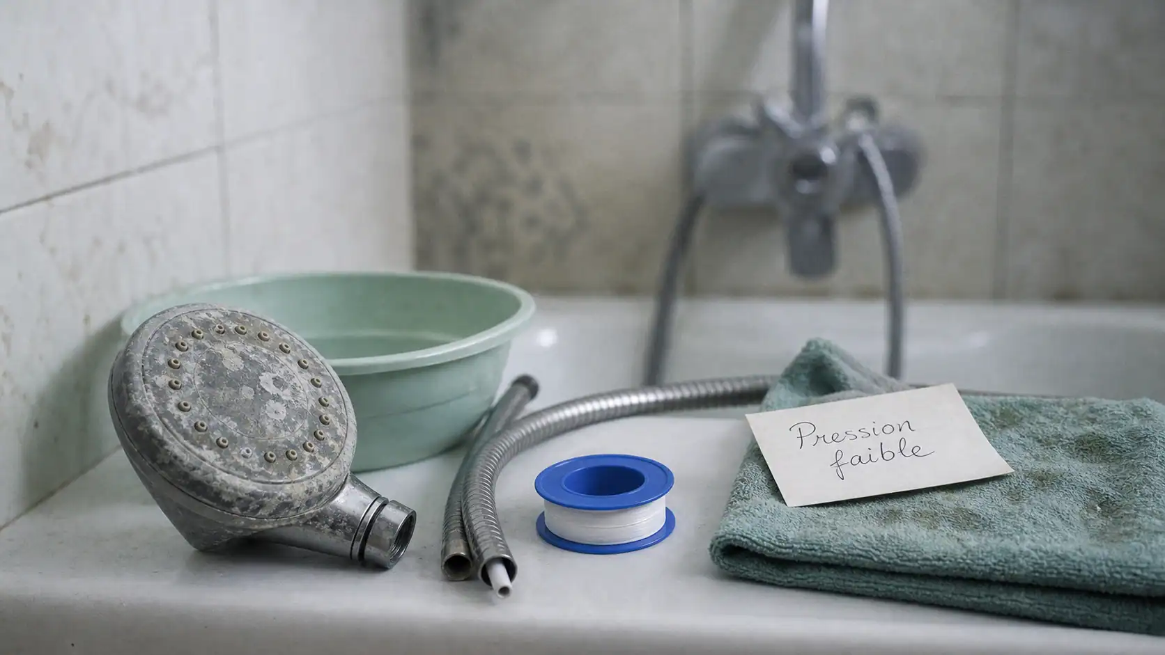 Pas de pression douche : pommeau de douche encrassé de calcaire