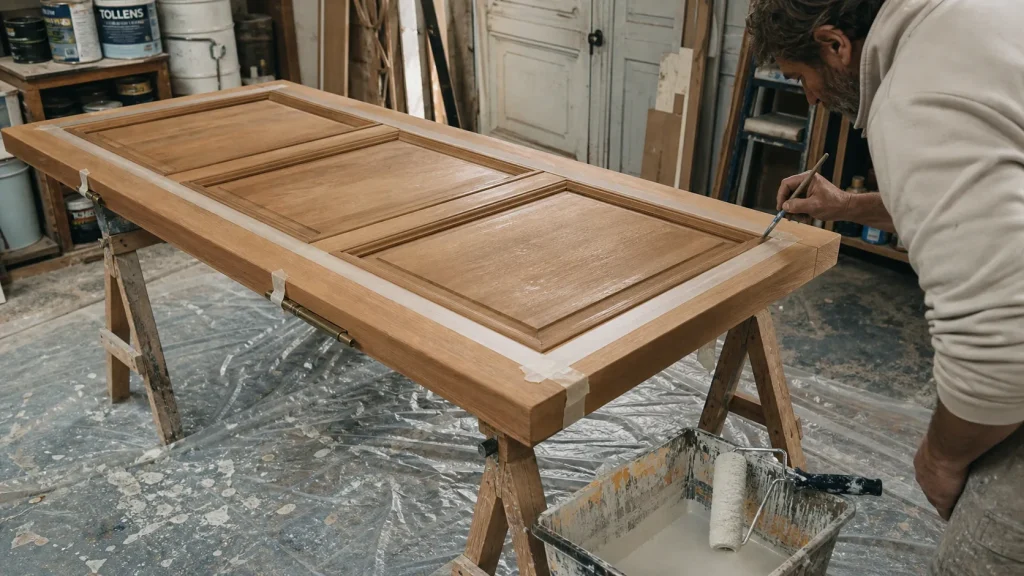 Peindre porte en bois sans traces : ruban de masquage et rouleau sur porte en bois