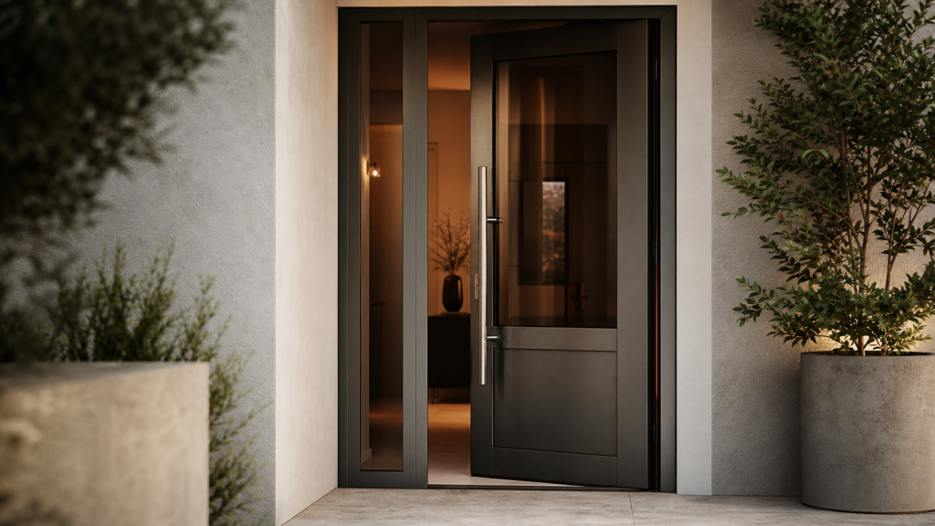 Porte d entrée alu vitrée, aluminium vitré semi-fumé, lumière et design.