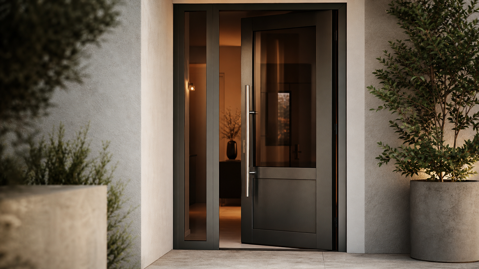 Porte d entrée alu vitrée, aluminium vitré semi-fumé, lumière et design.