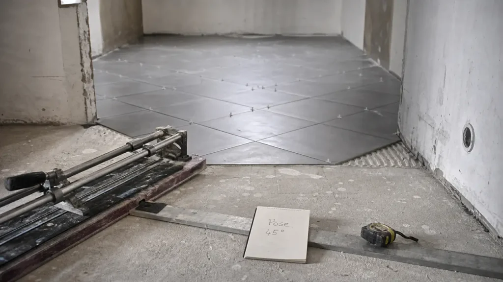Pose de carrelage en diagonale à 45° : calepinage, coupes et erreurs à éviter
