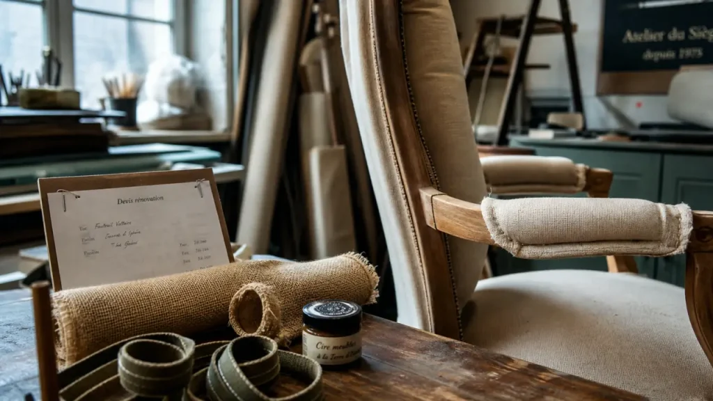 Rénovation fauteuil Voltaire en atelier : crin ou mousse, devis visible