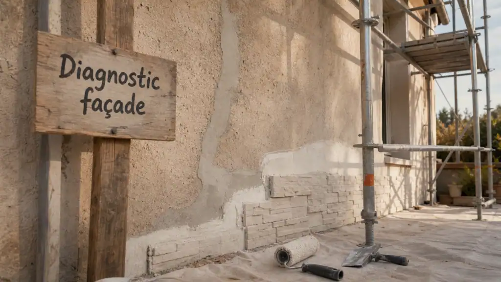 Solutions rénover ou embellir façade : enduit réparé sur façade avec échafaudage