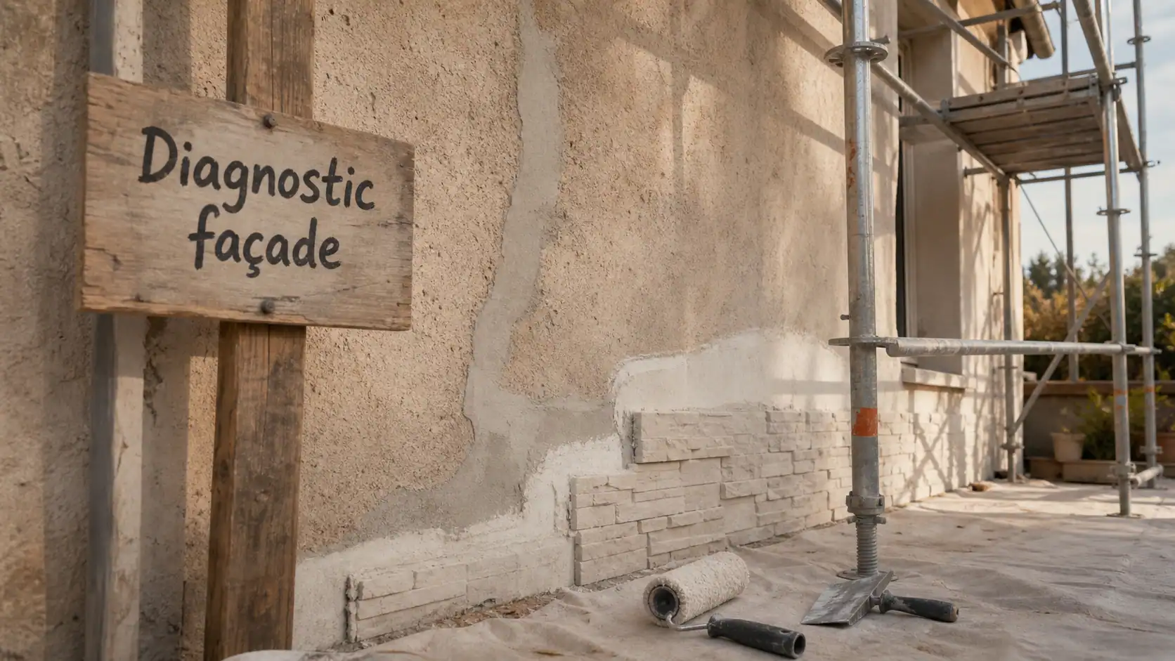 Solutions rénover ou embellir façade : enduit réparé sur façade avec échafaudage