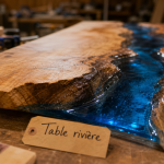 Table en resine : table rivière bois massif, coulée époxy bleue