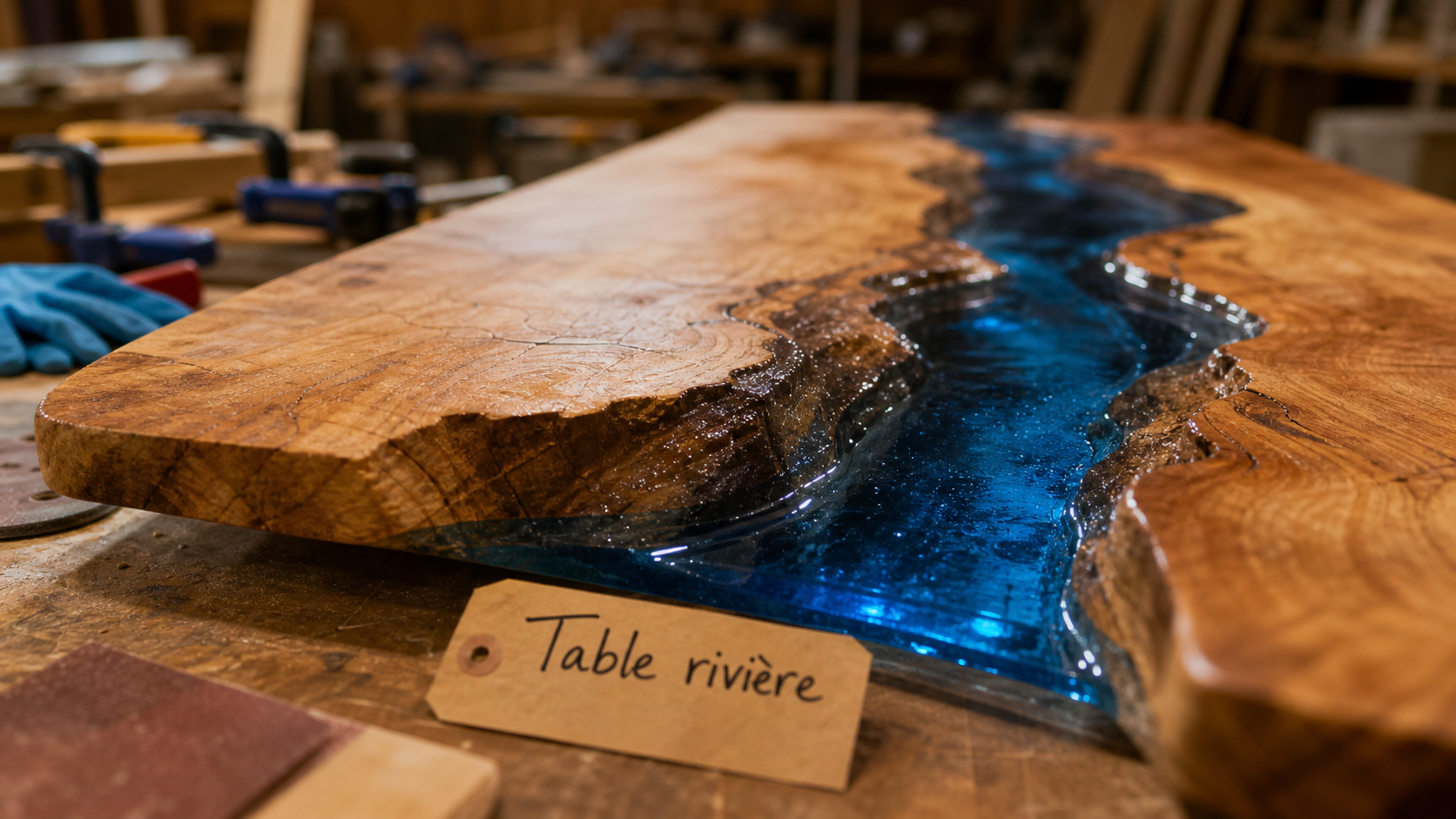 Table en resine : table rivière bois massif, coulée époxy bleue