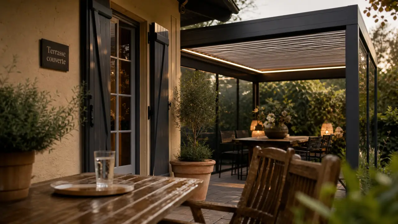 Terrasse couverte maison avec pergola adossée alu et vitrage