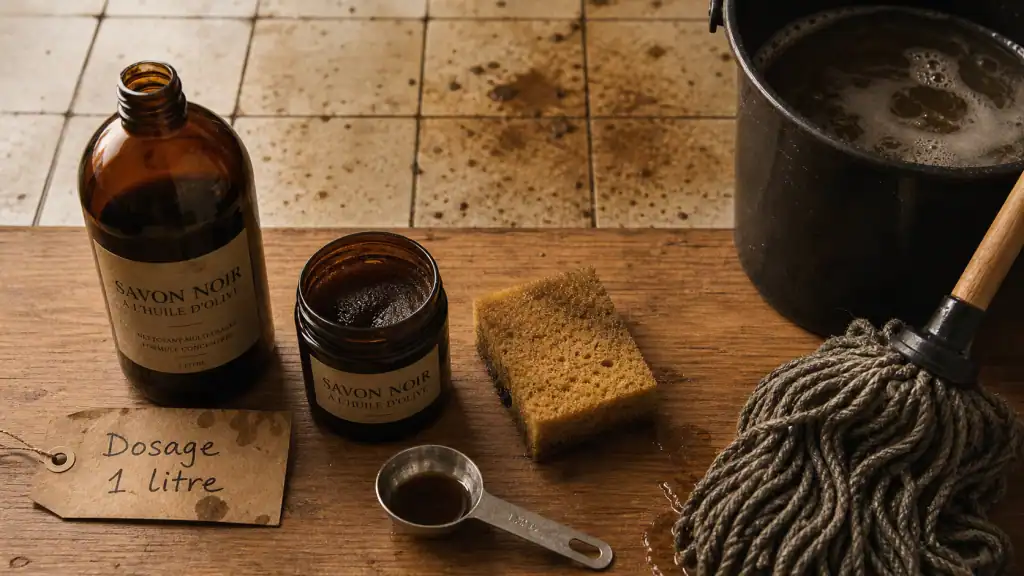 Utilisation du savon noir : 1 bouchon par litre