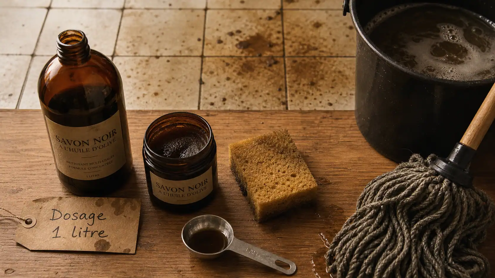 Utilisation du savon noir : 1 bouchon par litre