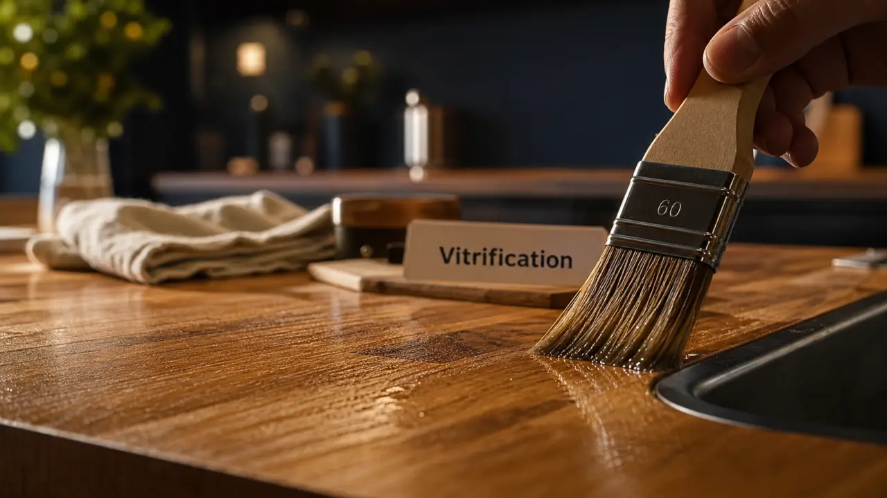 Vitrifier un plan de travail en bois massif avec une couche de vitrificateur transparente