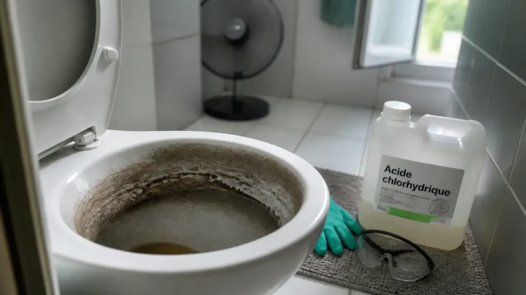 200 ml d’acide chlorhydrique dans les toilettes : dosage, 15 minutes et risques à éviter