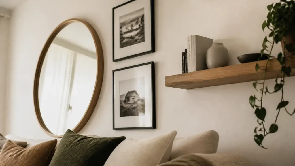 Mur blanc vide ou décoré avec juste ce qu’il faut : cadres, relief et lumière